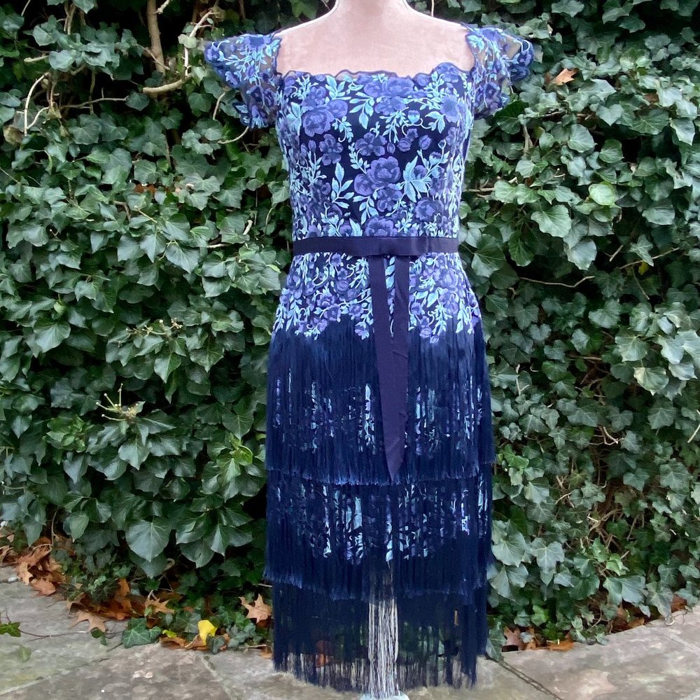 Marchesa Notte Fringe Off-the-shoulder Dress Size 8